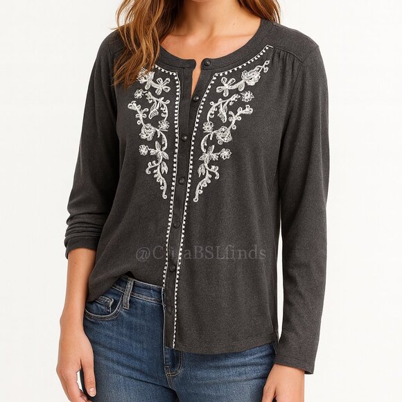 J. Jill Button Front Grey Peasant Embroidered Top Size XL Cotton Modal Blend - Picture 1 of 6